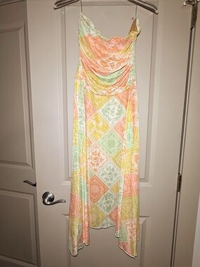 See You Monday Tile-Print Strapless Dress in Peach, Mint & Pale Yellow